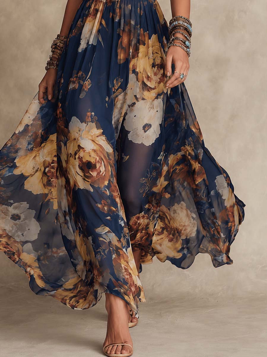 Navy Spaghetti Strap Floral Print Chiffon Flowing Maxi Dress 5