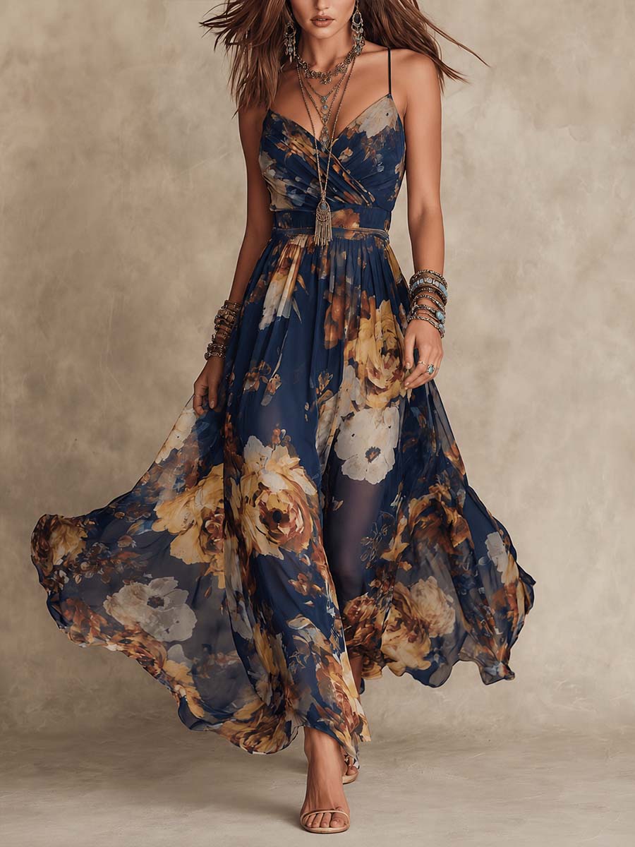 Navy Spaghetti Strap Floral Print Chiffon Flowing Maxi Dress