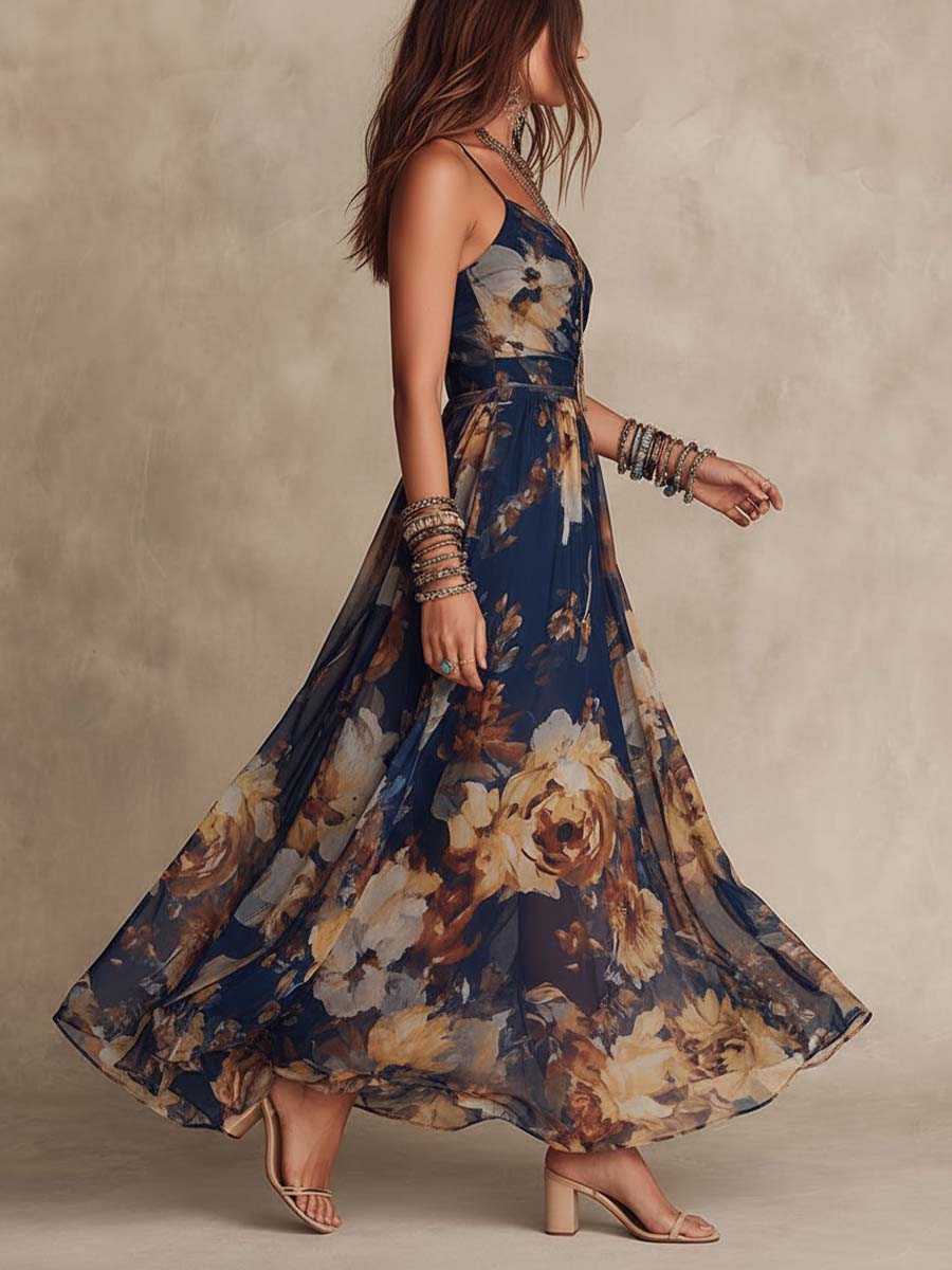 Navy Spaghetti Strap Floral Print Chiffon Flowing Maxi Dress 2