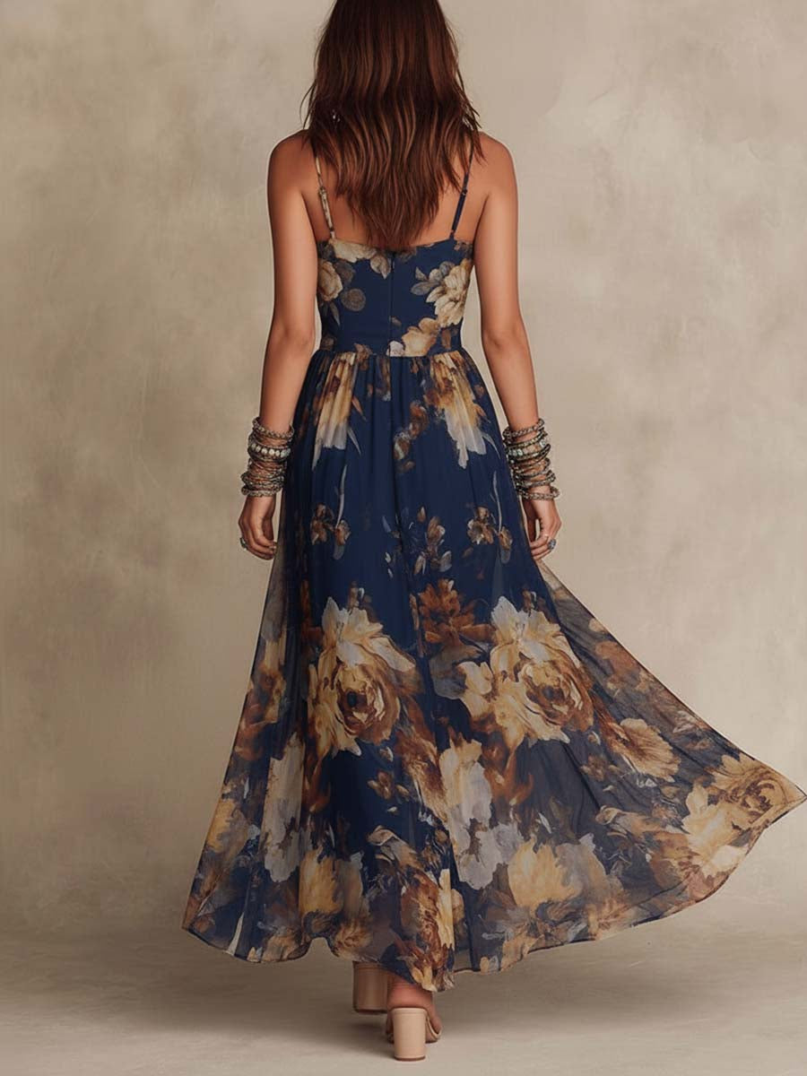 Navy Spaghetti Strap Floral Print Chiffon Flowing Maxi Dress 3