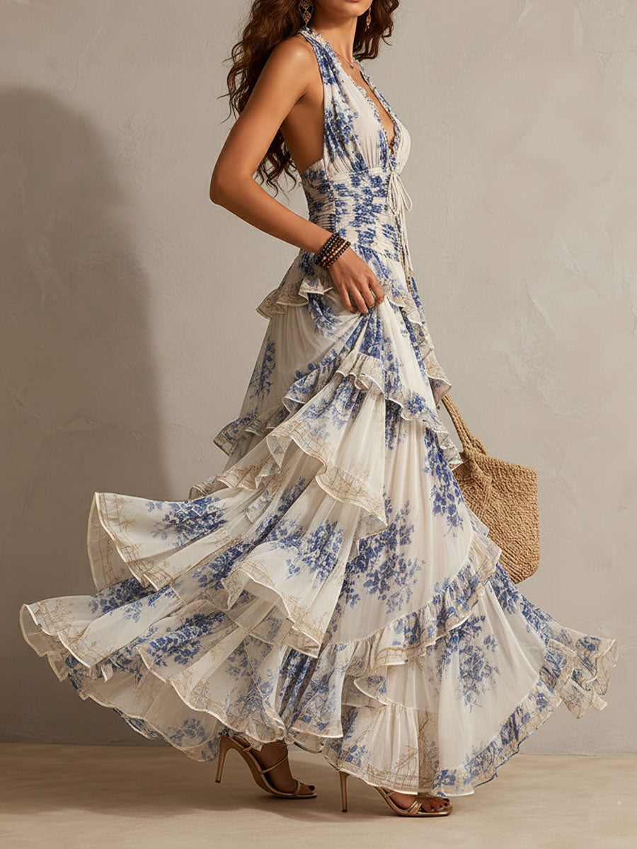 Blue Halter Deep V-Neck Floral Print Ruffle Tiered Maxi Dress 4