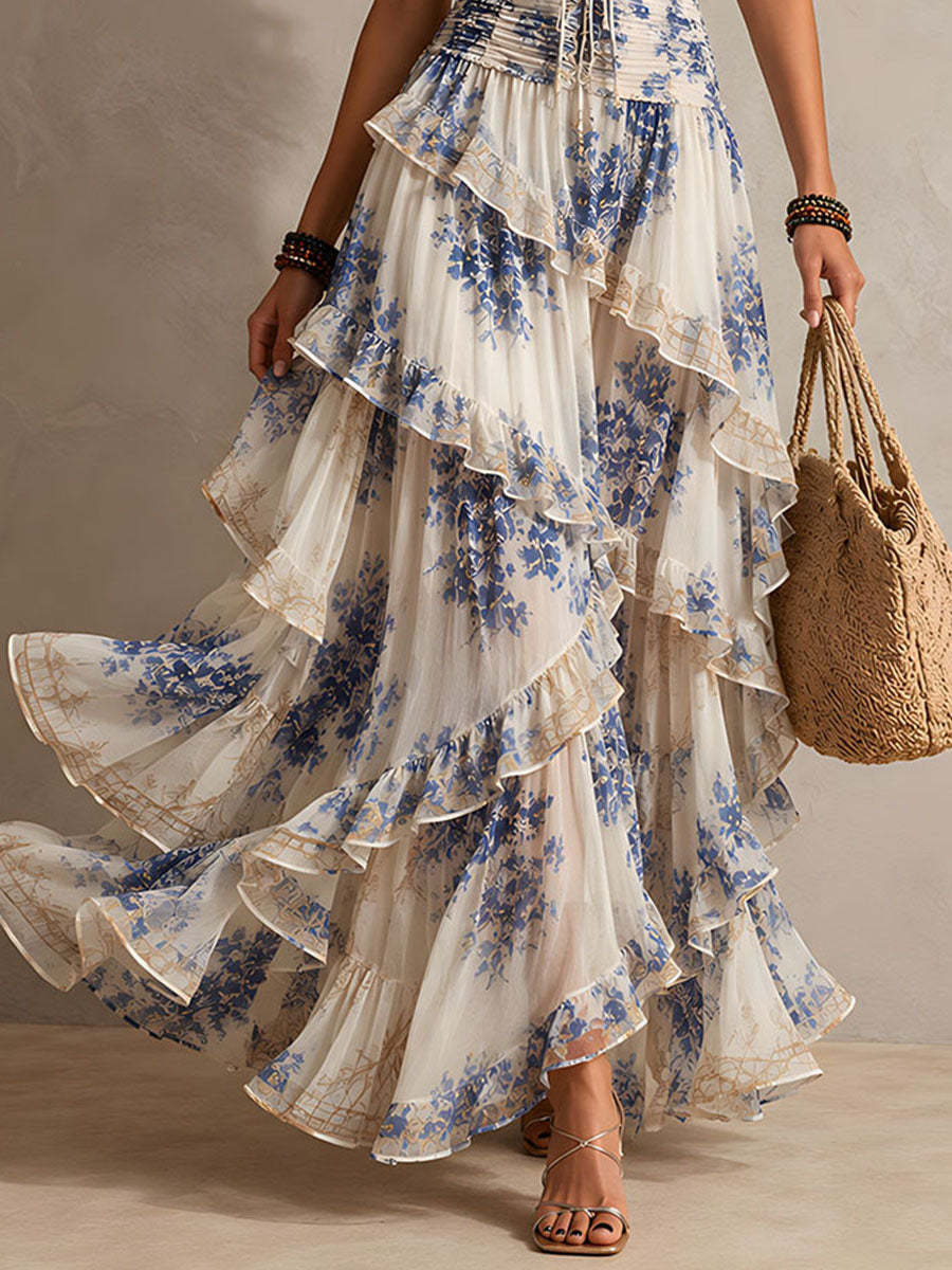 Blue Halter Deep V-Neck Floral Print Ruffle Tiered Maxi Dress 7