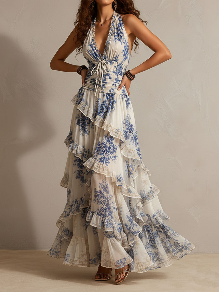 Blue Halter Deep V-Neck Floral Print Ruffle Tiered Maxi Dress 3