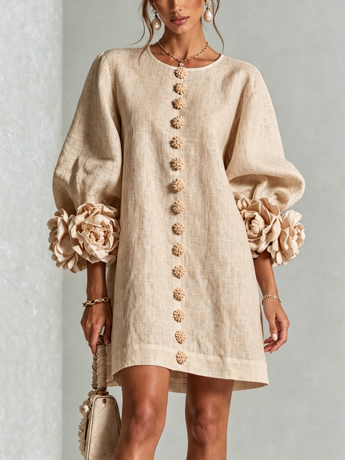 Round Neck Balloon Sleeve Rosette Floral Button Shift Mini Dress 23