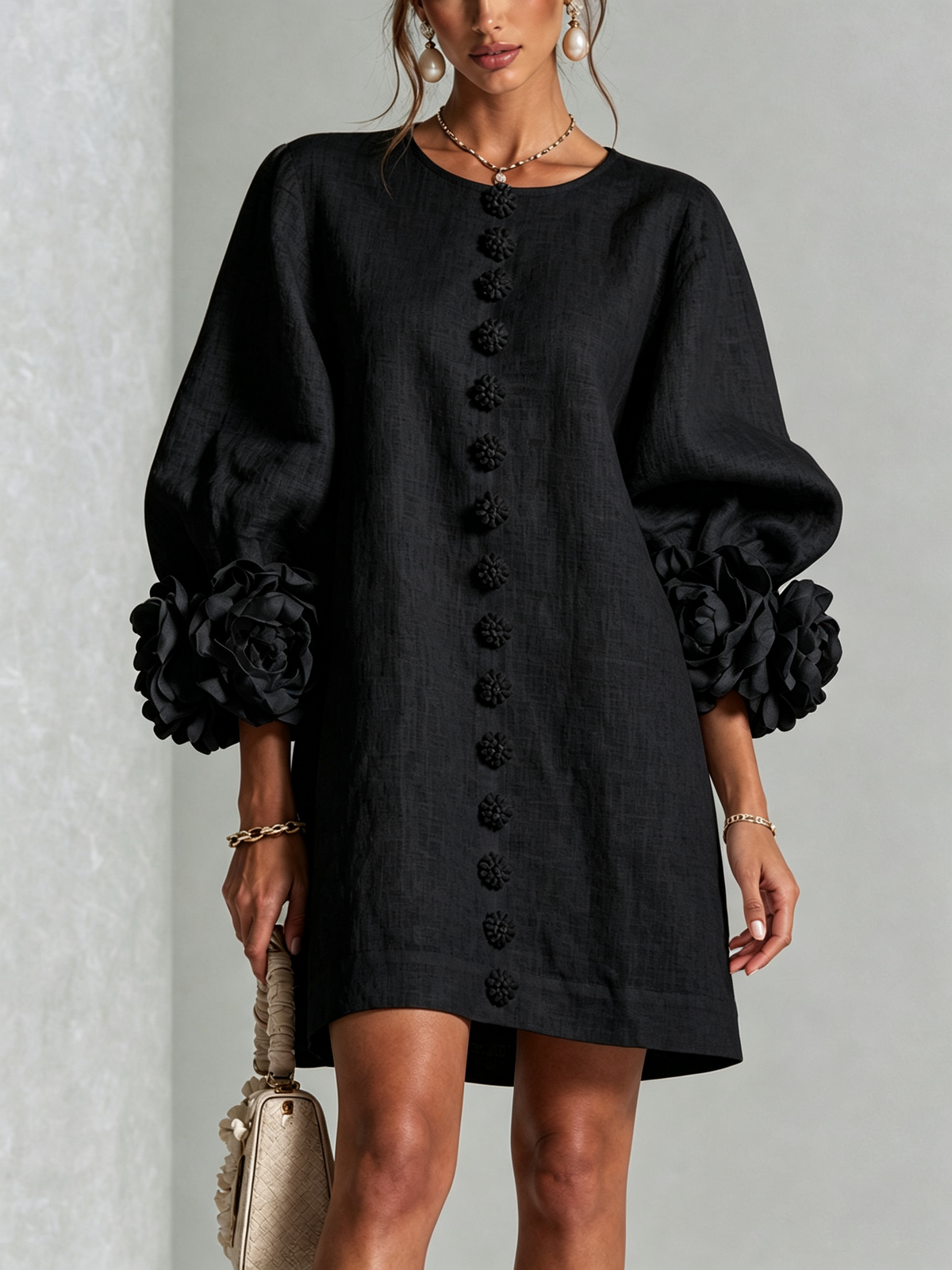 Round Neck Balloon Sleeve Rosette Floral Button Shift Mini Dress 15