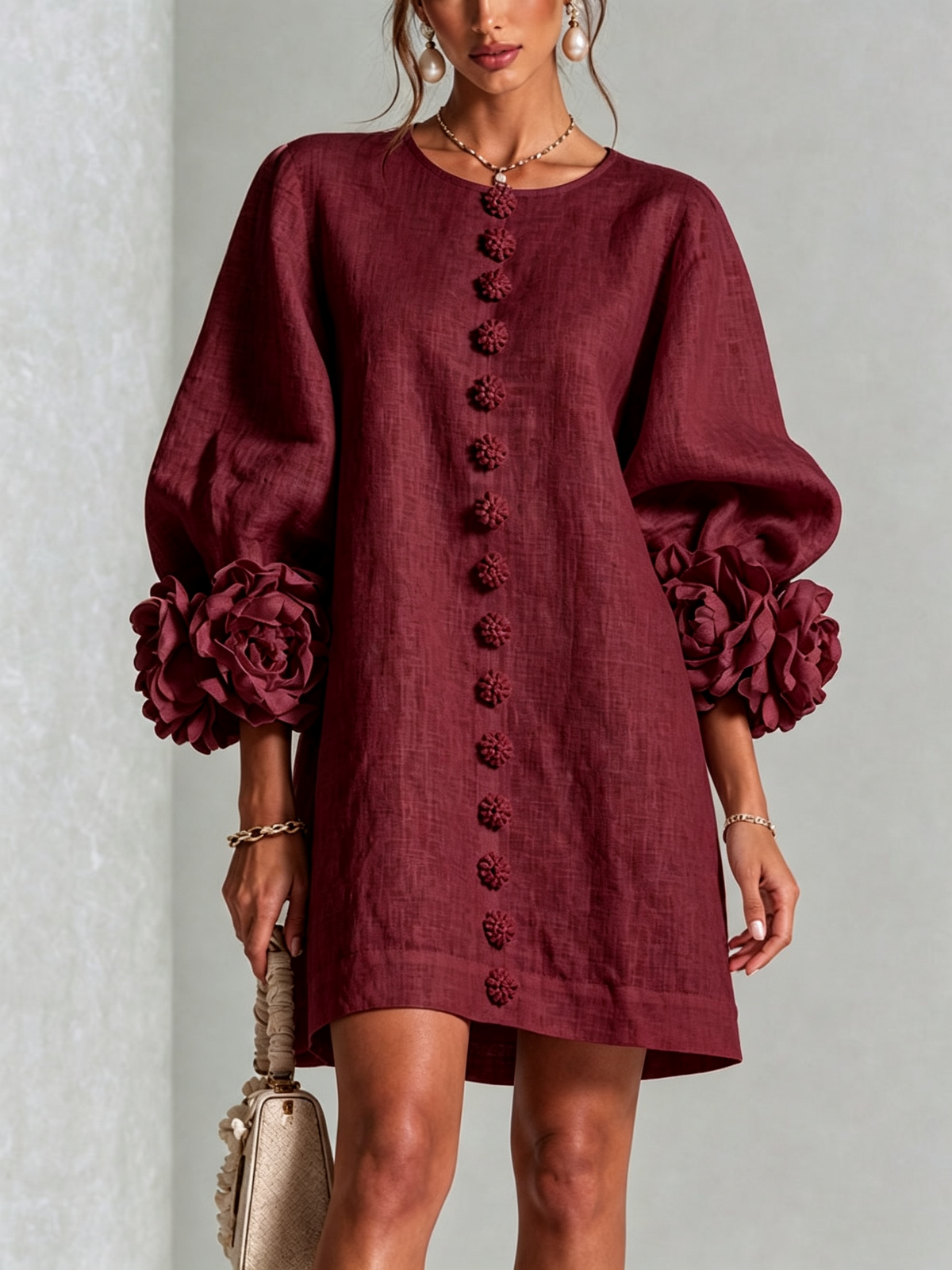 Round Neck Balloon Sleeve Rosette Floral Button Shift Mini Dress 35