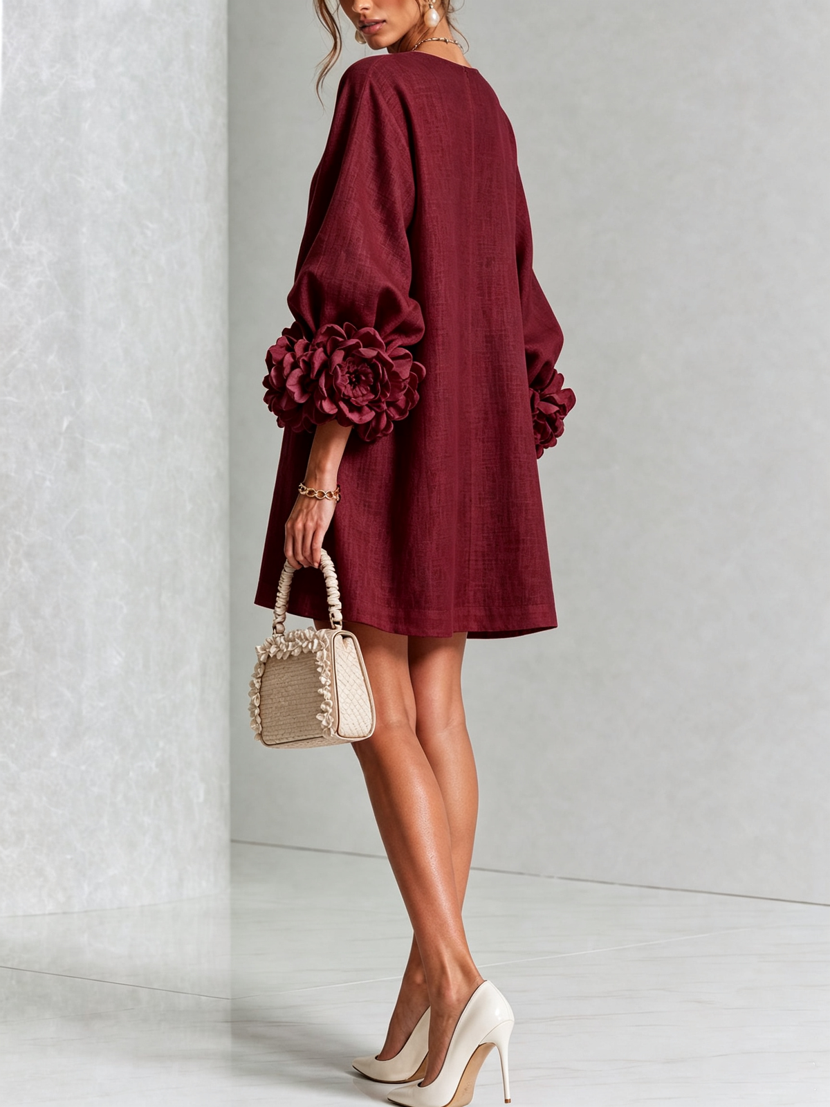 Round Neck Balloon Sleeve Rosette Floral Button Shift Mini Dress 37