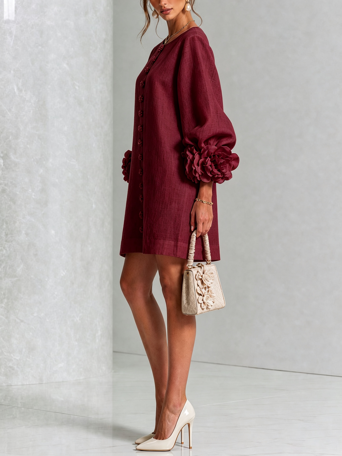 Round Neck Balloon Sleeve Rosette Floral Button Shift Mini Dress 36