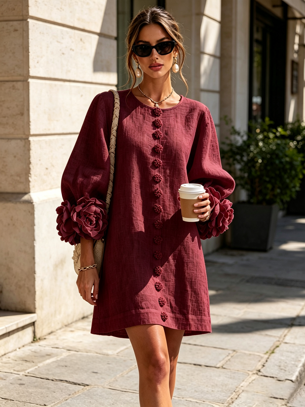 Round Neck Balloon Sleeve Rosette Floral Button Shift Mini Dress 38