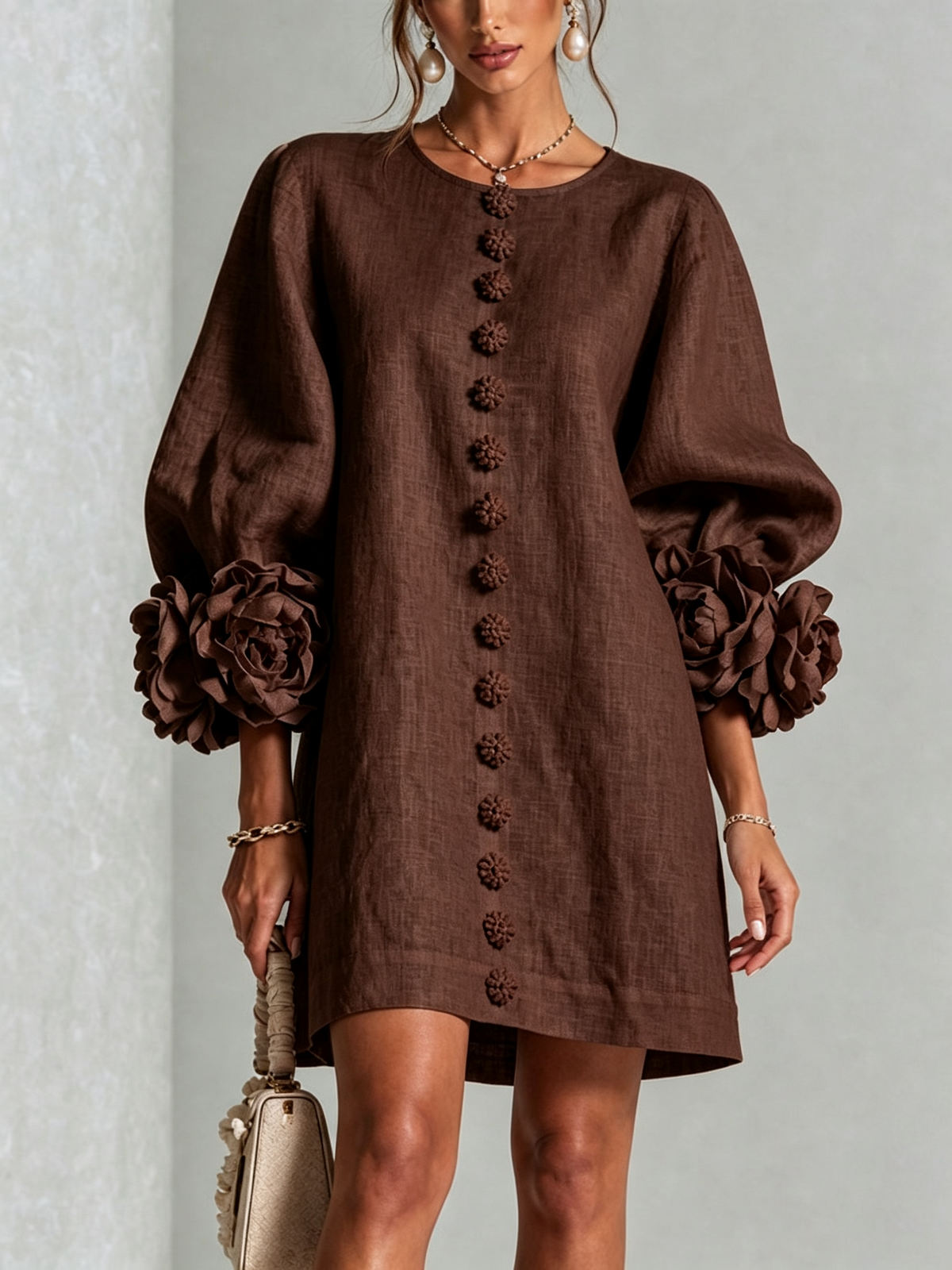 Round Neck Balloon Sleeve Rosette Floral Button Shift Mini Dress 27