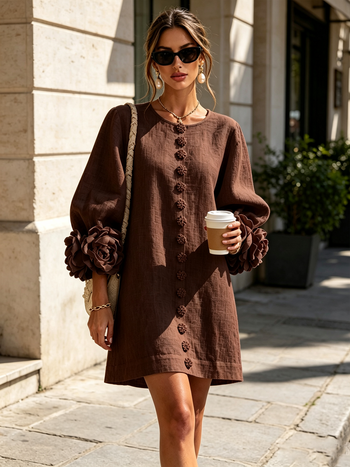 Round Neck Balloon Sleeve Rosette Floral Button Shift Mini Dress 30