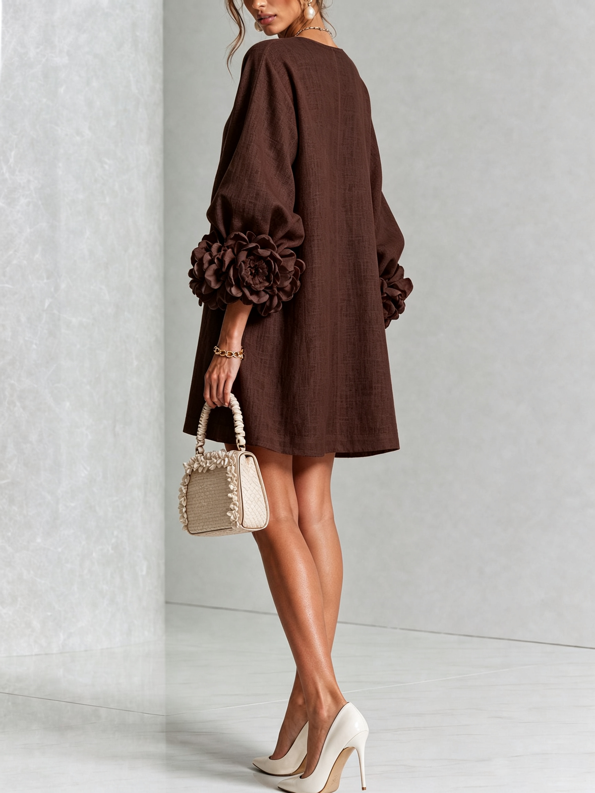 Round Neck Balloon Sleeve Rosette Floral Button Shift Mini Dress 29