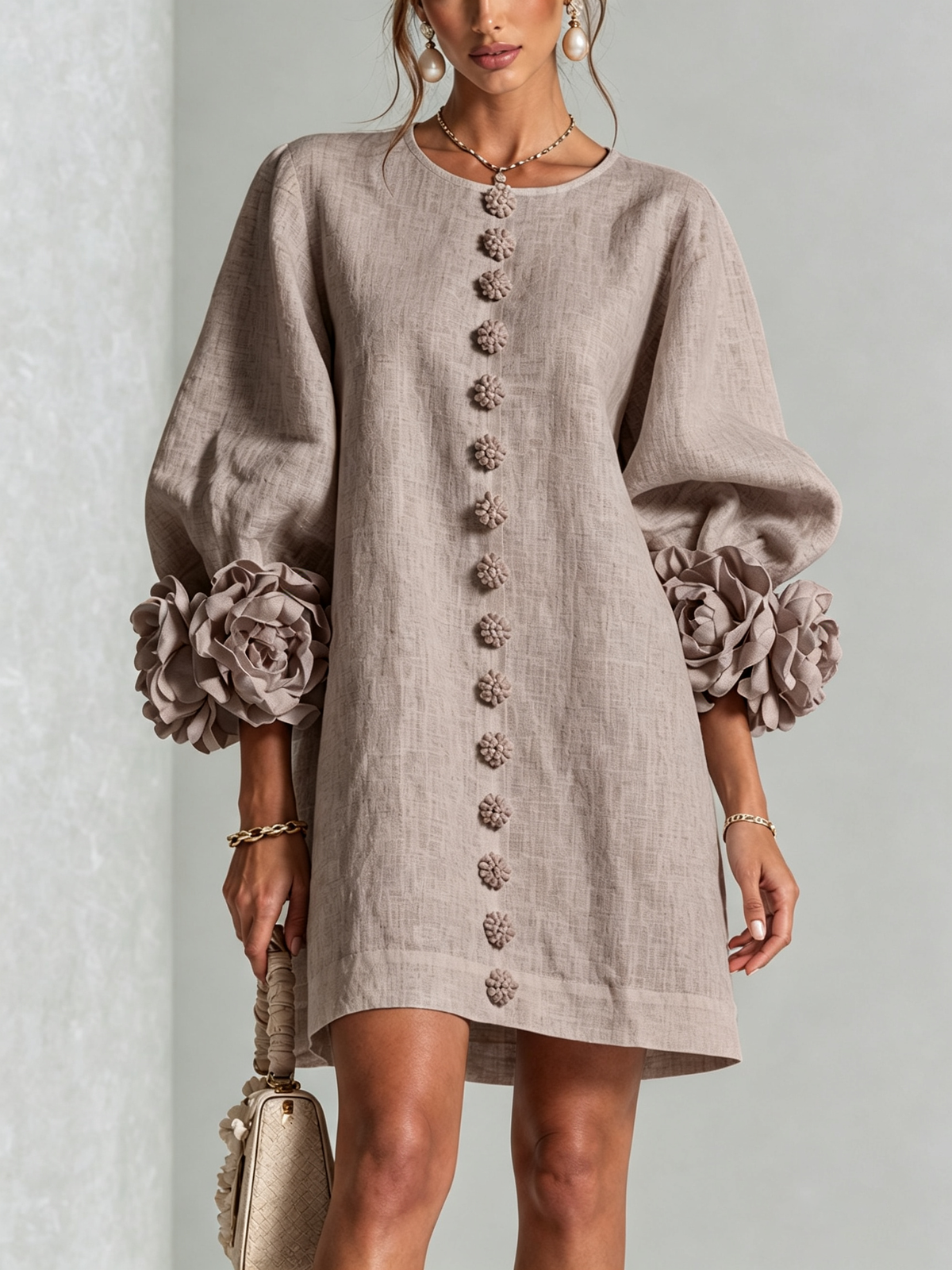 Round Neck Balloon Sleeve Rosette Floral Button Shift Mini Dress 39