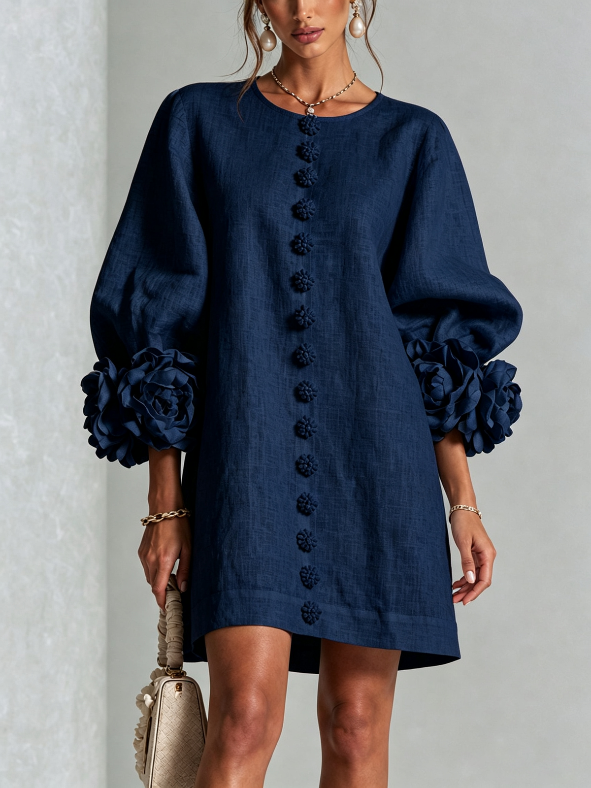 Round Neck Balloon Sleeve Rosette Floral Button Shift Mini Dress 11