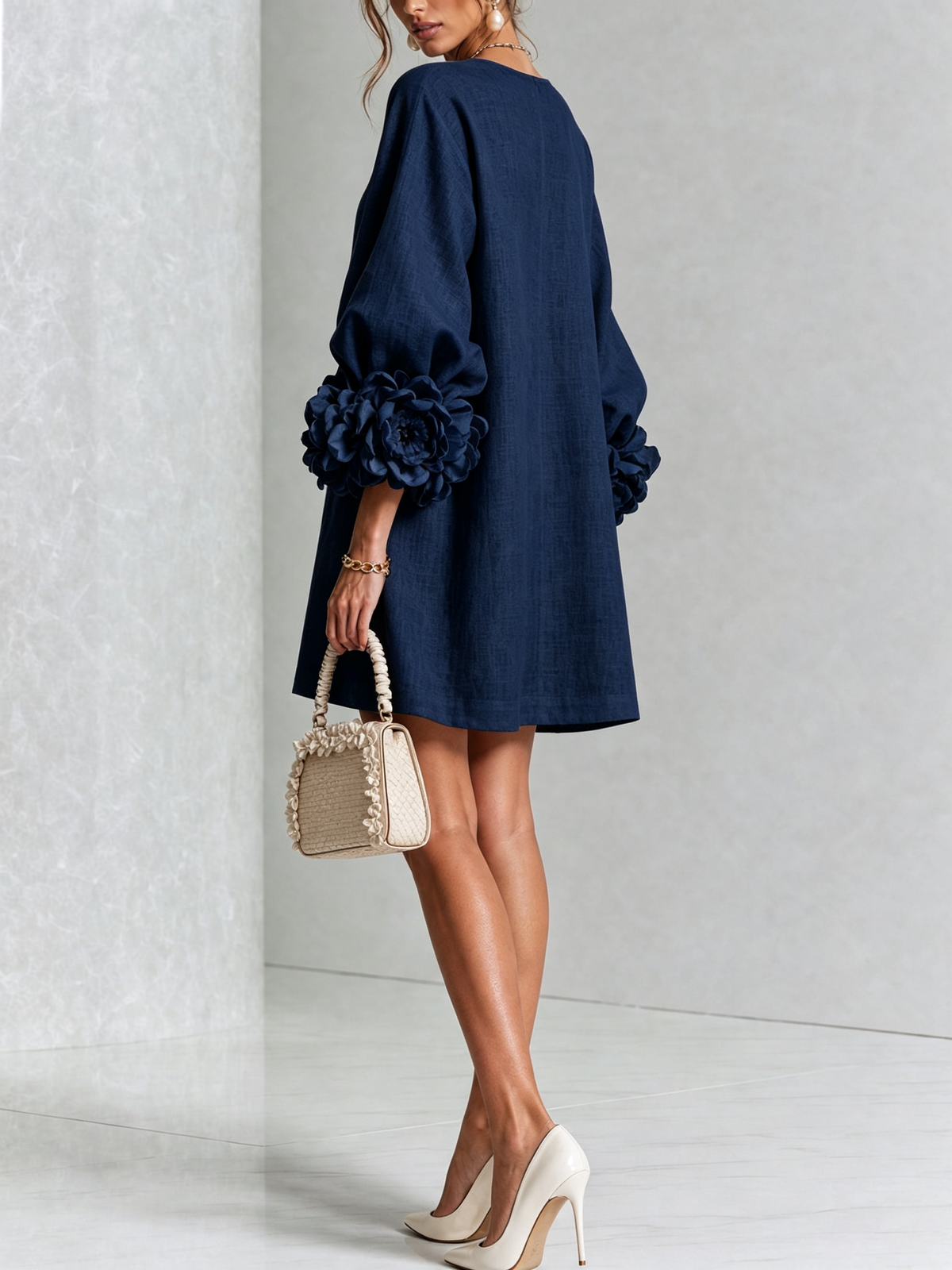 Round Neck Balloon Sleeve Rosette Floral Button Shift Mini Dress 13