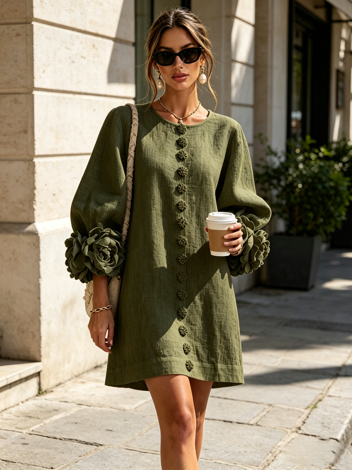 Round Neck Balloon Sleeve Rosette Floral Button Shift Mini Dress 10