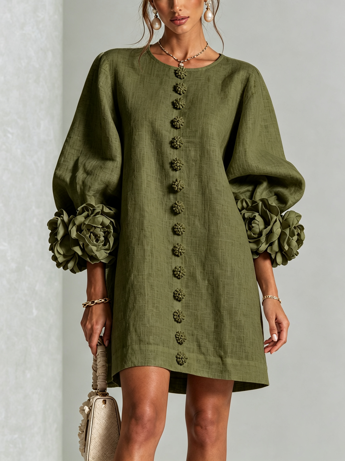 Round Neck Balloon Sleeve Rosette Floral Button Shift Mini Dress 7