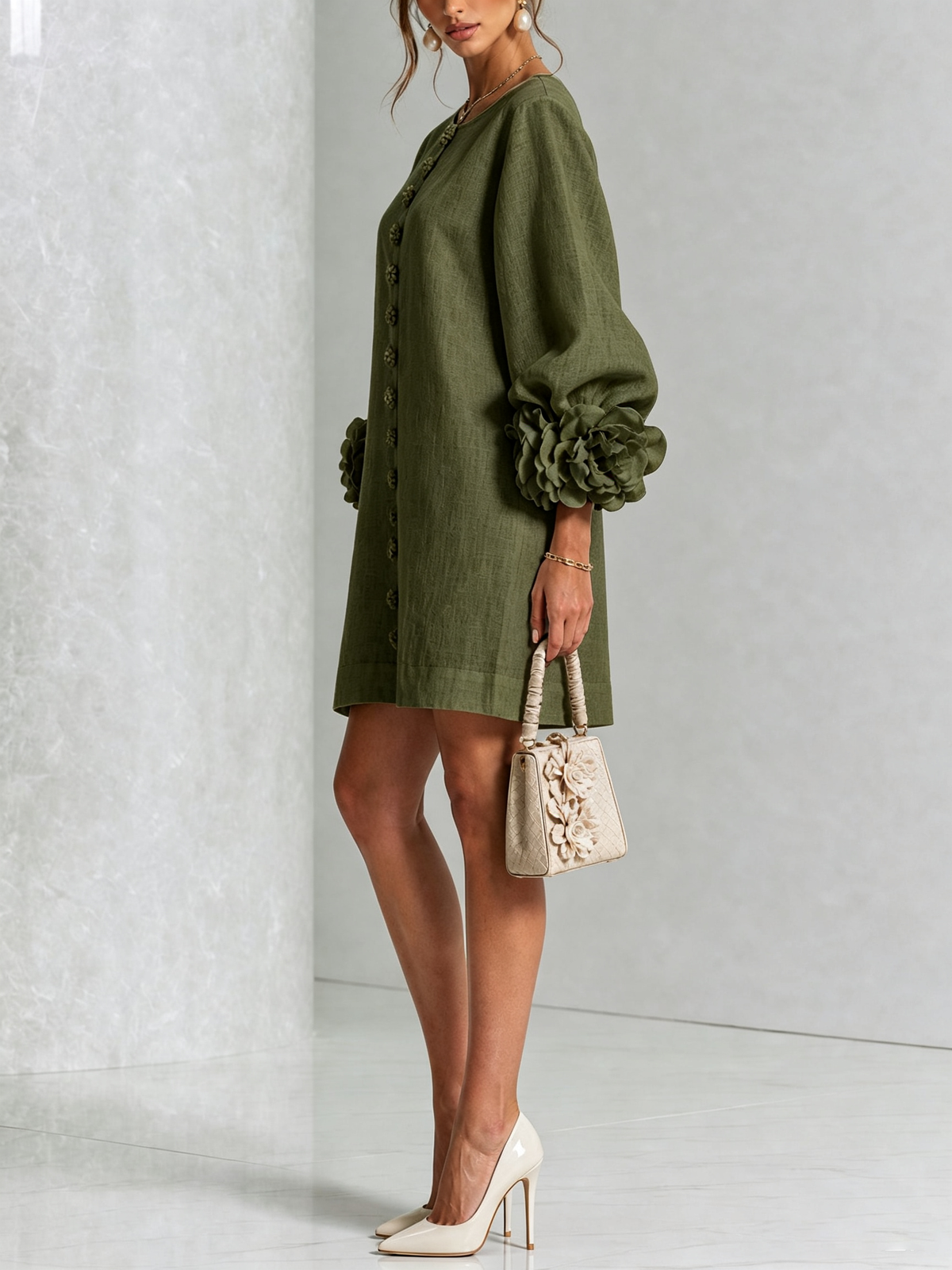 Round Neck Balloon Sleeve Rosette Floral Button Shift Mini Dress 8