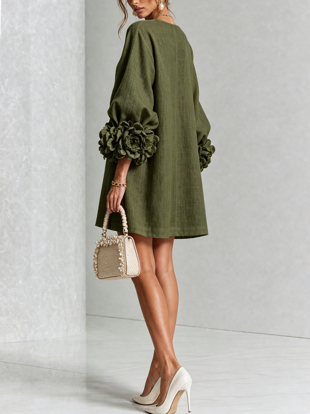 Round Neck Balloon Sleeve Rosette Floral Button Shift Mini Dress 9