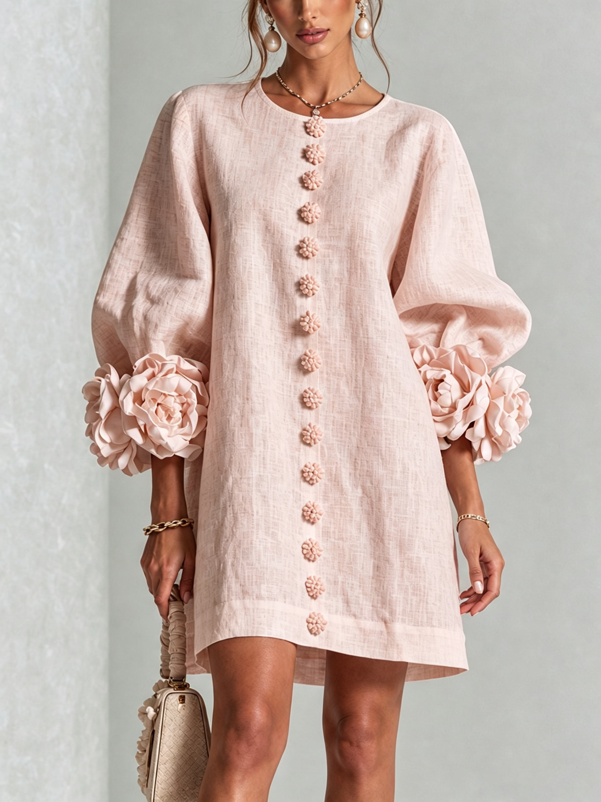 Round Neck Balloon Sleeve Rosette Floral Button Shift Mini Dress 19