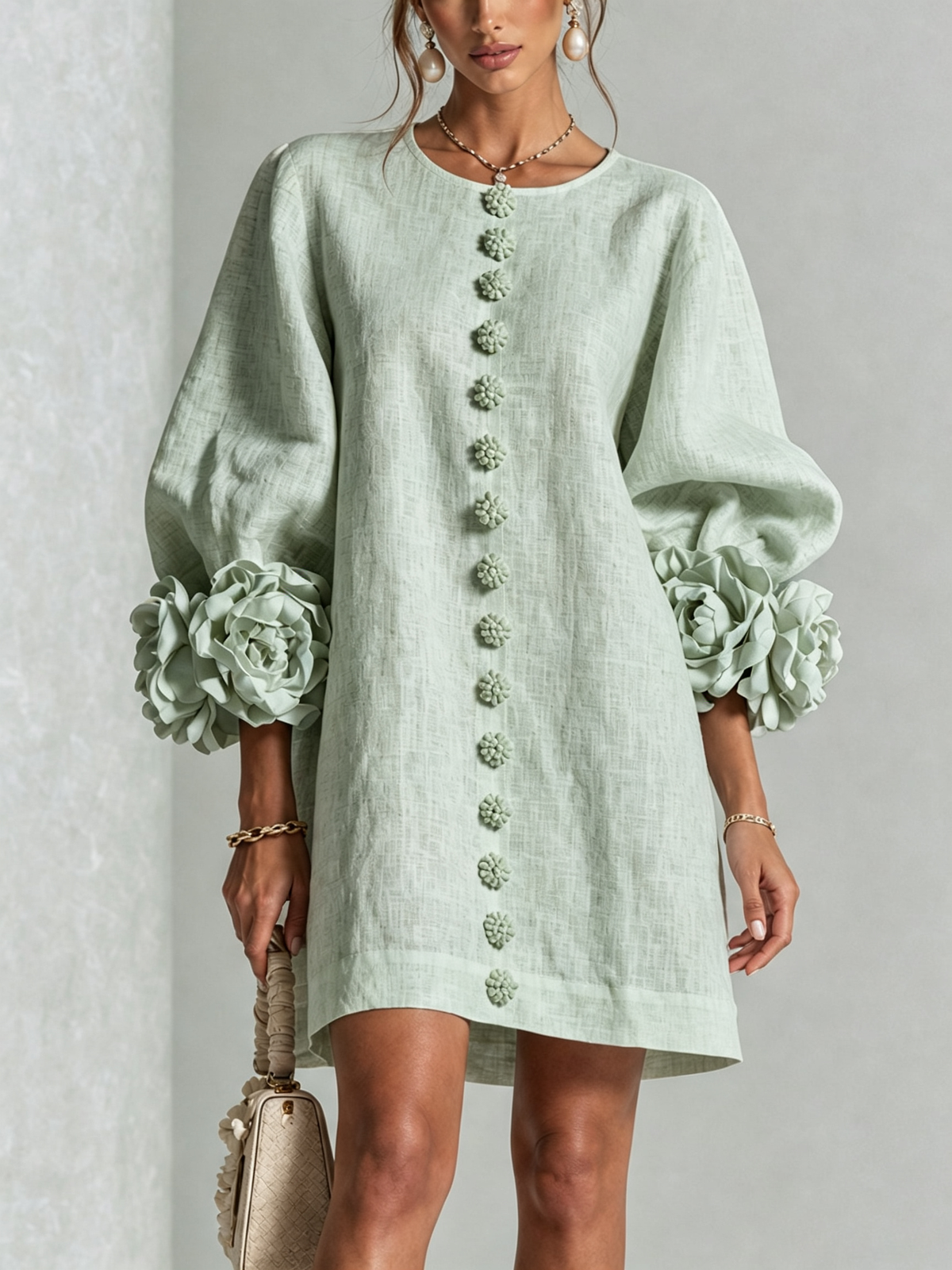 Round Neck Balloon Sleeve Rosette Floral Button Shift Mini Dress 31