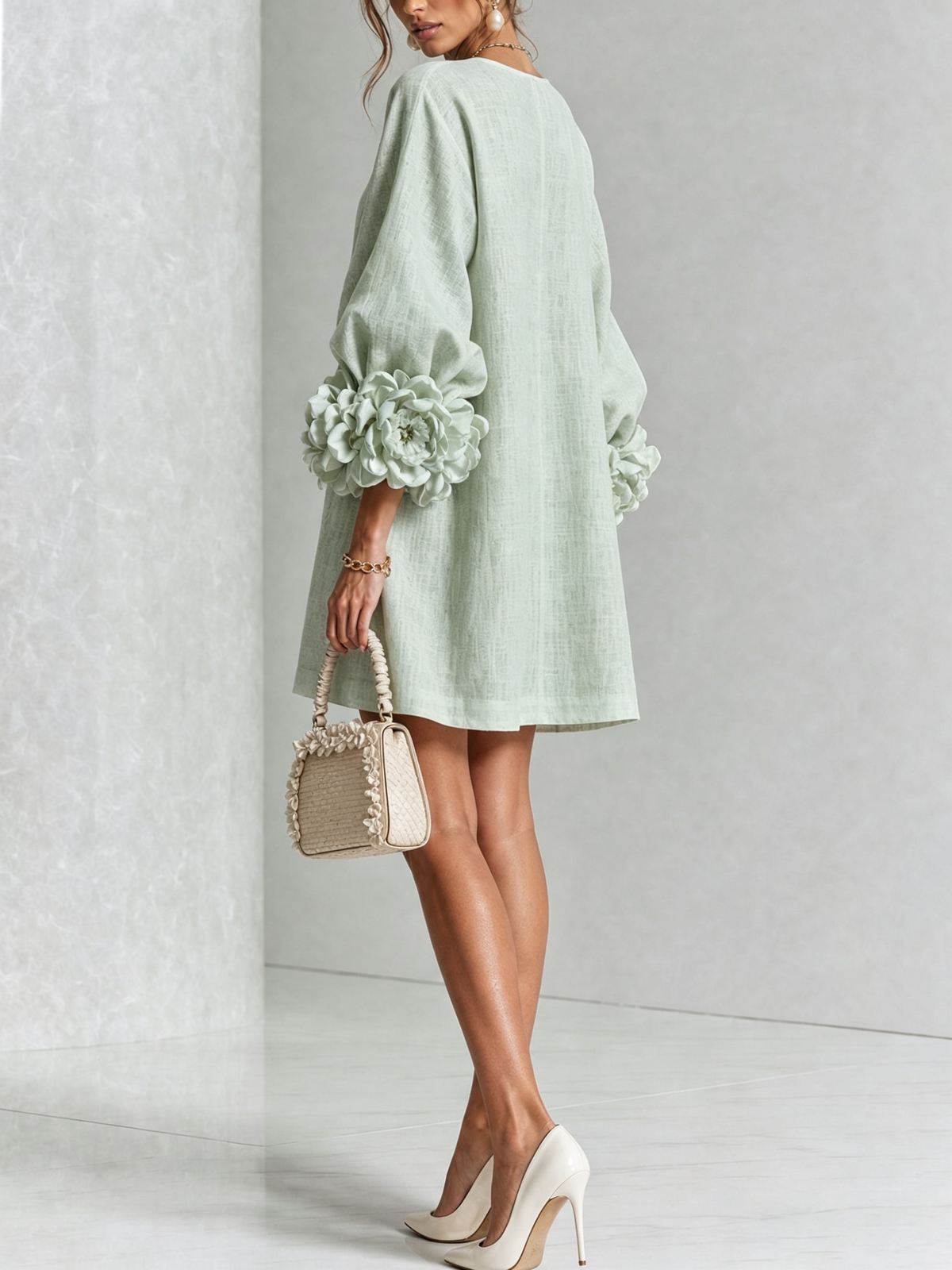 Round Neck Balloon Sleeve Rosette Floral Button Shift Mini Dress 33