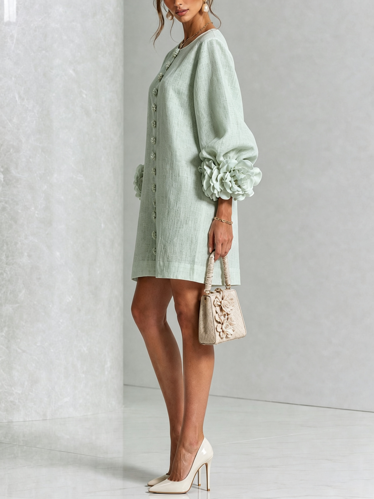 Round Neck Balloon Sleeve Rosette Floral Button Shift Mini Dress 32