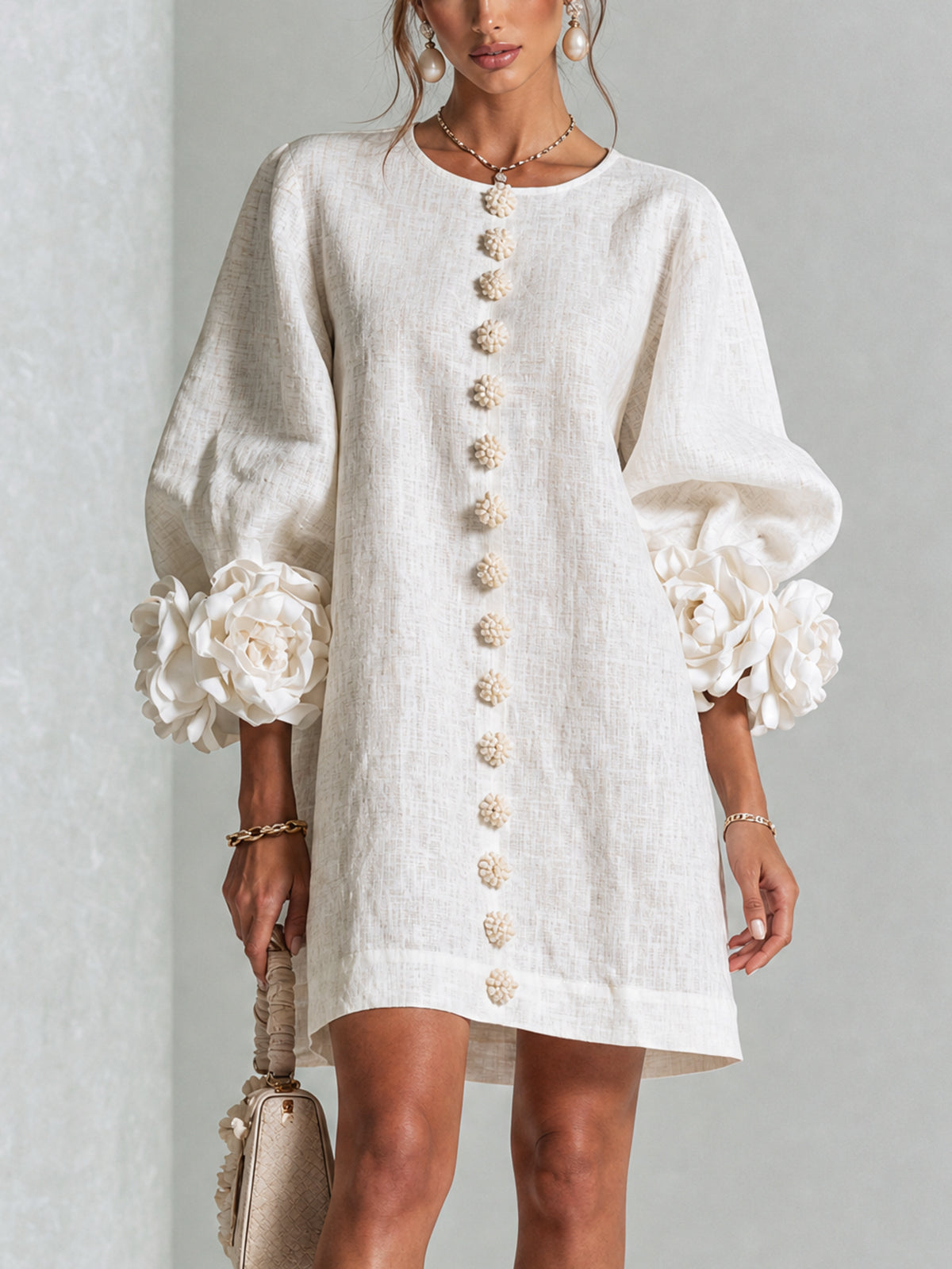 Round Neck Balloon Sleeve Rosette Floral Button Shift Mini Dress