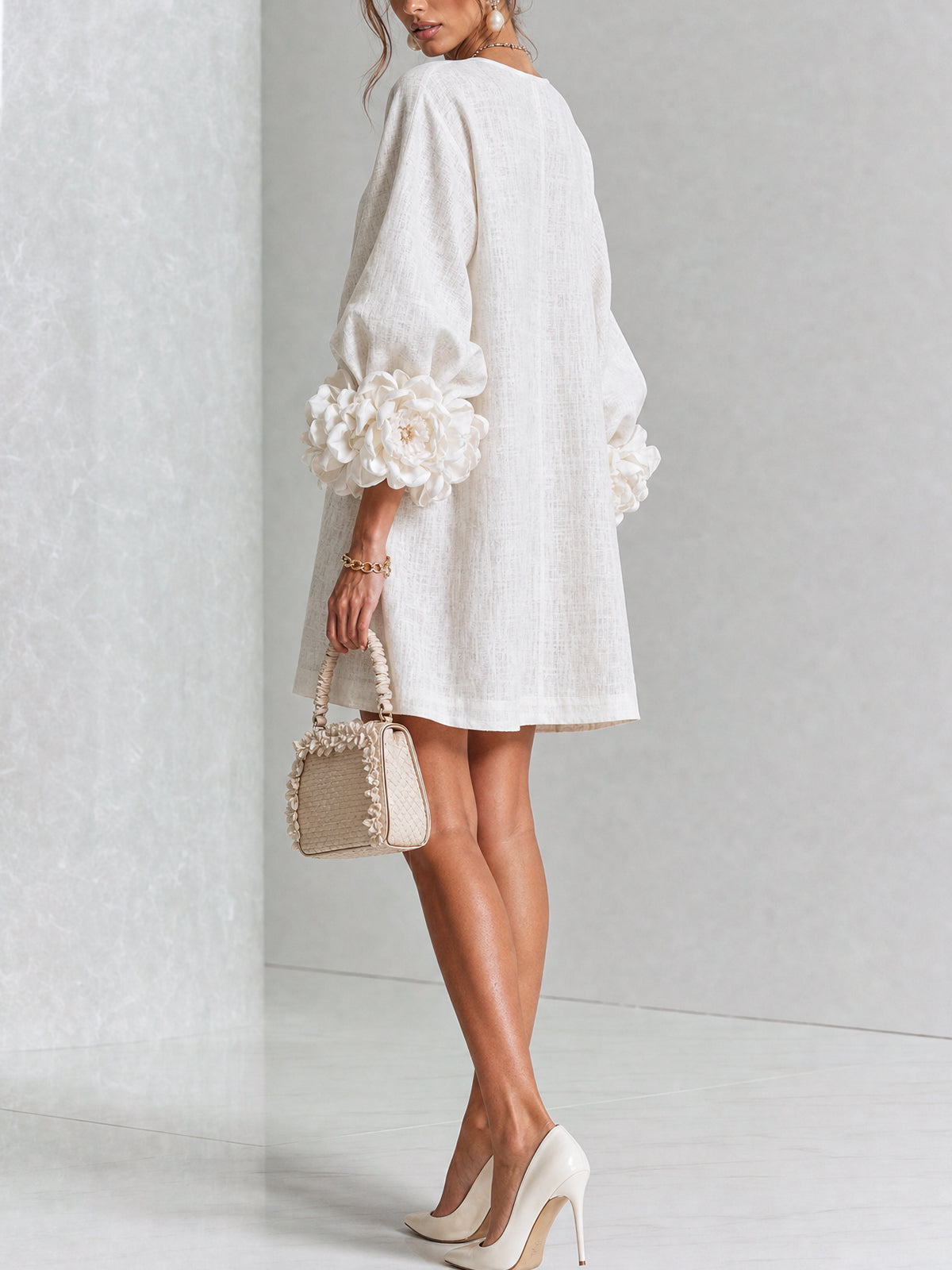 Round Neck Balloon Sleeve Rosette Floral Button Shift Mini Dress 3