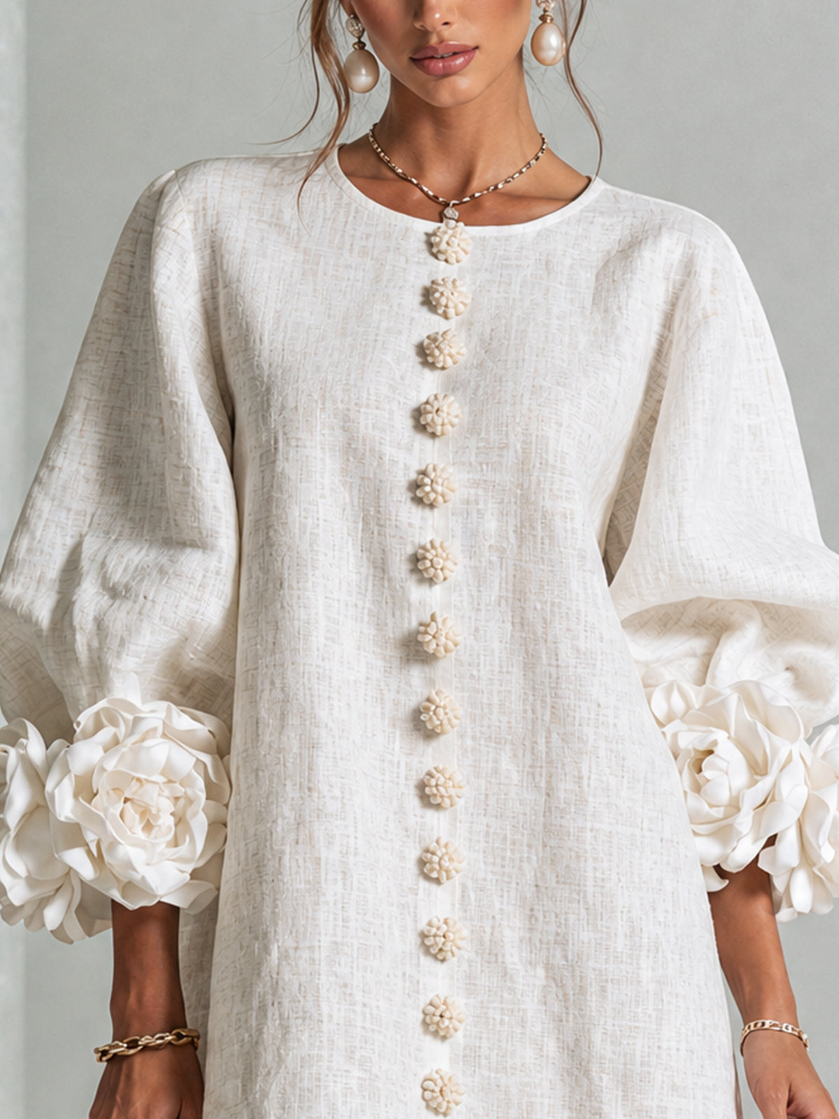 Round Neck Balloon Sleeve Rosette Floral Button Shift Mini Dress 5