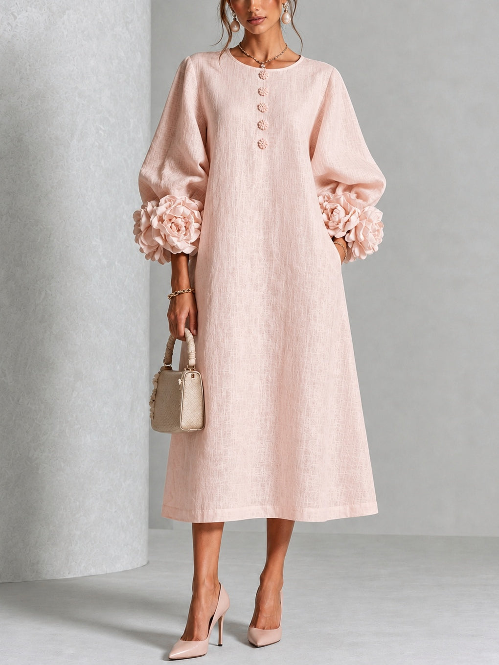 Round Neck Rosette Applique Puff Sleeve Button A-Line Midi Dress 2