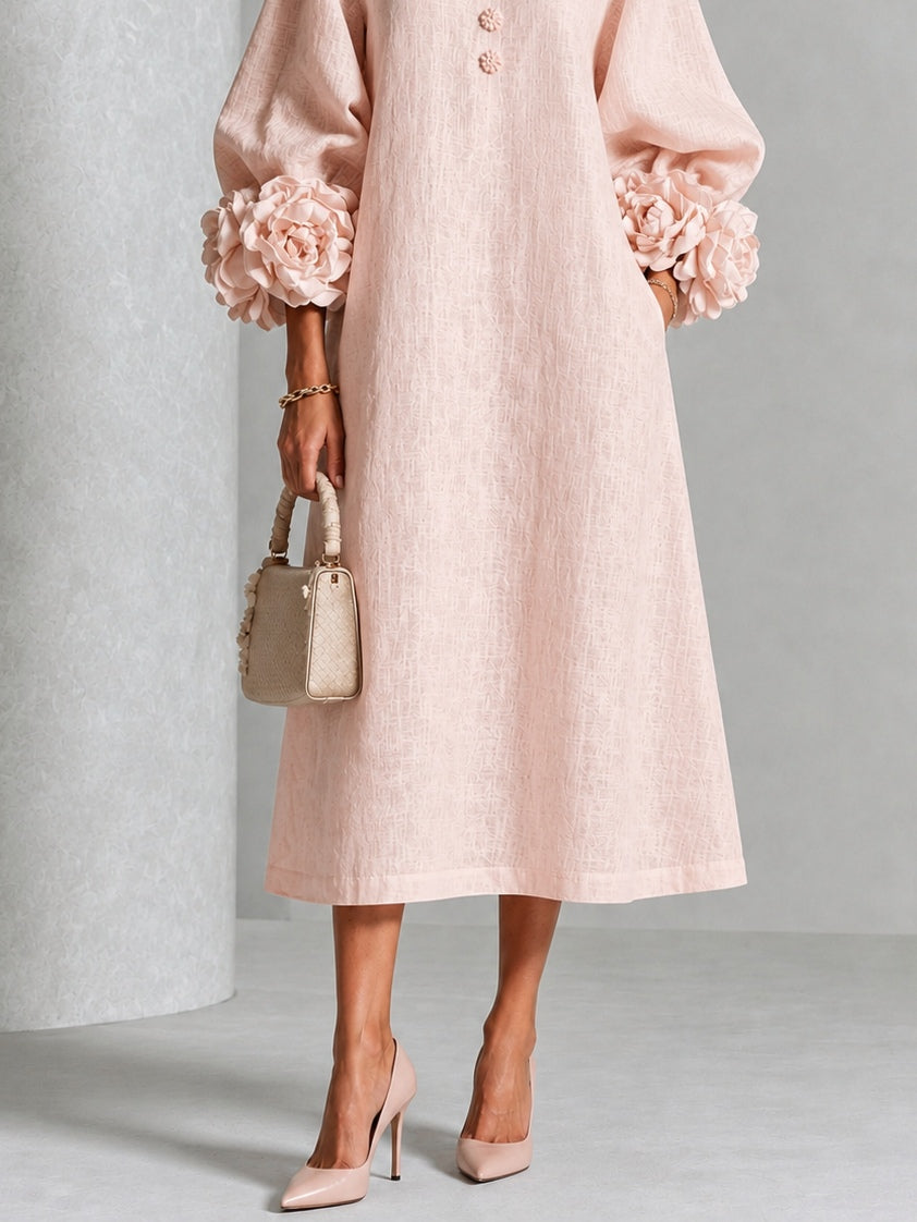 Round Neck Rosette Applique Puff Sleeve Button A-Line Midi Dress 6