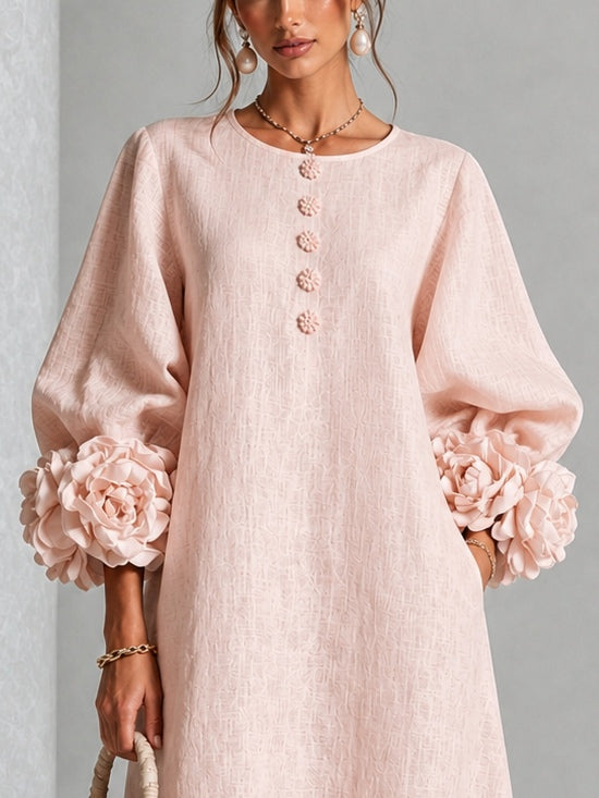 Round Neck Rosette Applique Puff Sleeve Button A-Line Midi Dress 5