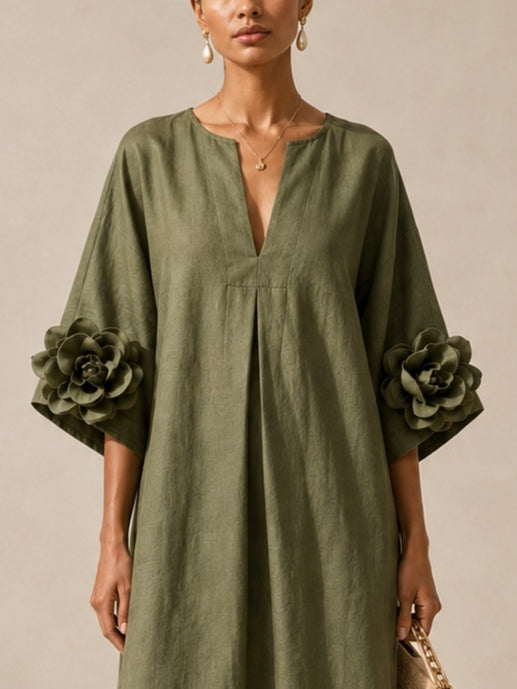 Olive Green Split Neck Floral Applique Cuff Dolman Sleeve Shift Maxi Dress 4