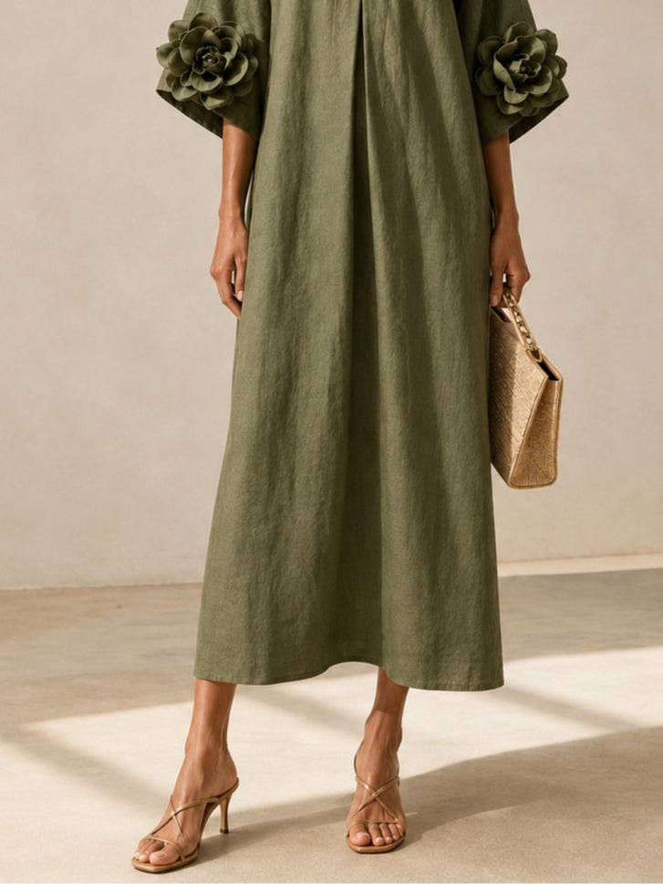 Olive Green Split Neck Floral Applique Cuff Dolman Sleeve Shift Maxi Dress 5