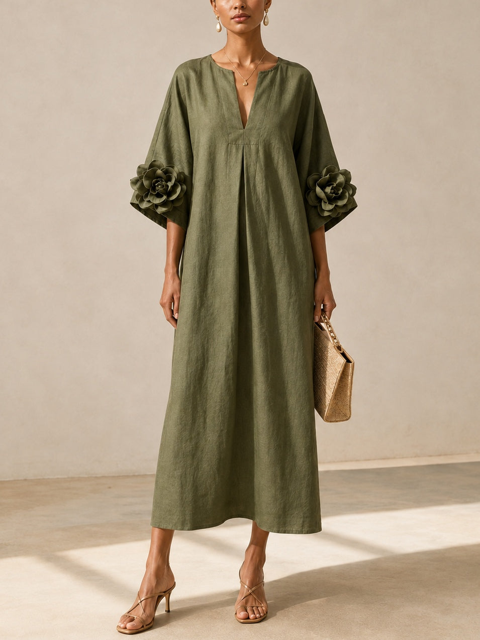 Olive Green Split Neck Floral Applique Cuff Dolman Sleeve Shift Maxi Dress