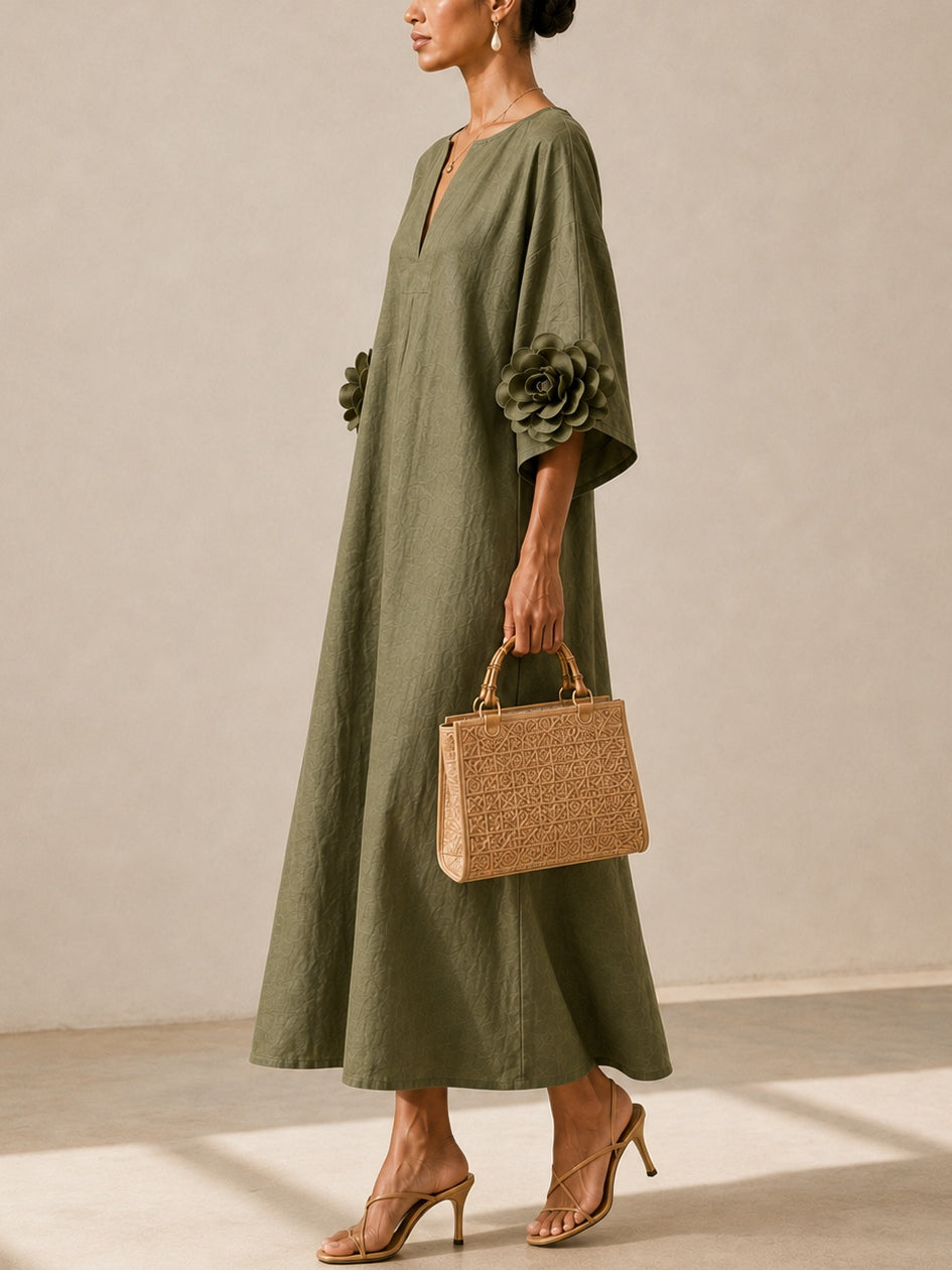 Olive Green Split Neck Floral Applique Cuff Dolman Sleeve Shift Maxi Dress 2