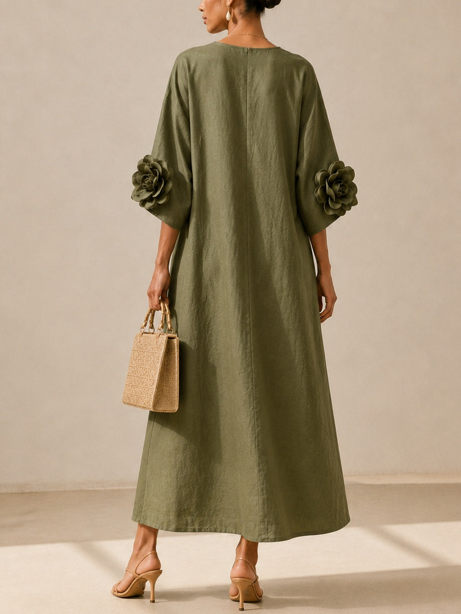 Olive Green Split Neck Floral Applique Cuff Dolman Sleeve Shift Maxi Dress 3