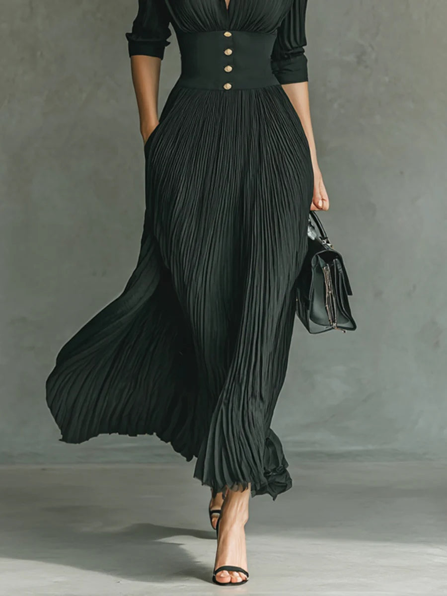 Green Collared Pleated High Waist Button Detail Fit Flare Maxi Dress 3