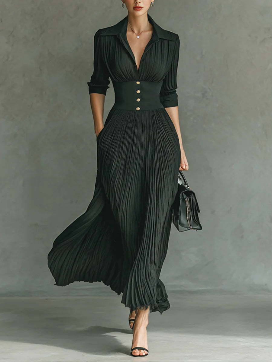 Green Collared Pleated High Waist Button Detail Fit Flare Maxi Dress