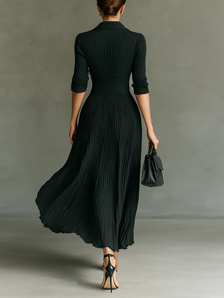 Green Collared Pleated High Waist Button Detail Fit Flare Maxi Dress 2