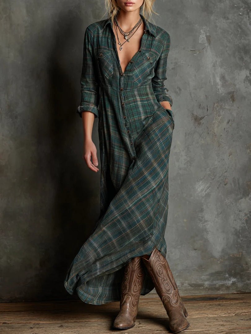 Collared Button Front Plaid Long Sleeve Shirt Maxi Dress 2