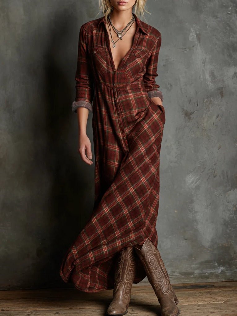 Collared Button Front Plaid Long Sleeve Shirt Maxi Dress