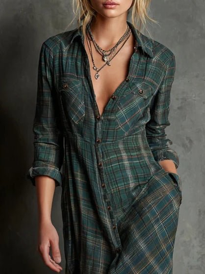 Collared Button Front Plaid Long Sleeve Shirt Maxi Dress 4