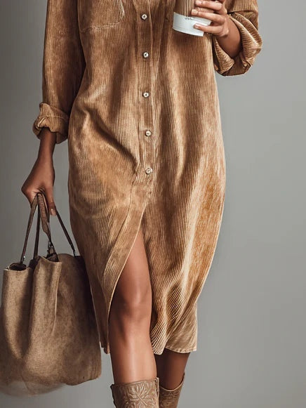 Brown Collared Button Front Corduroy Long Sleeve Shirt Midi Dress 3