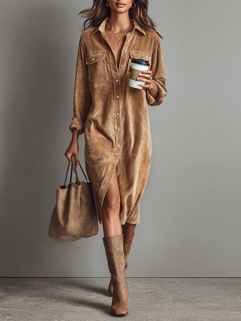 Brown Collared Button Front Corduroy Long Sleeve Shirt Midi Dress