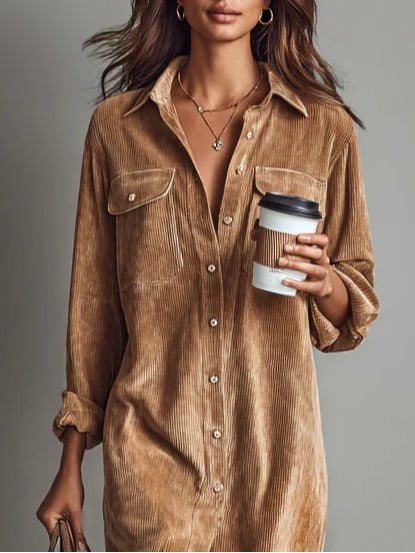 Brown Collared Button Front Corduroy Long Sleeve Shirt Midi Dress 2