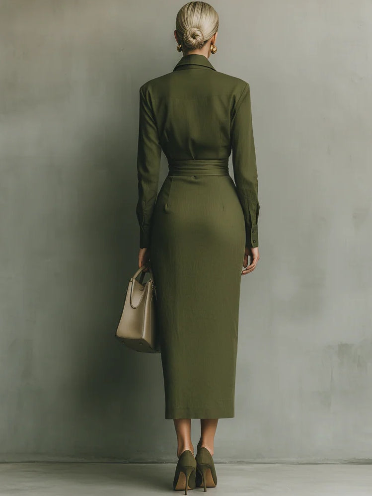 Green Collared Long Sleeve Button Front Ruched Waist Bodycon Maxi Dress 4