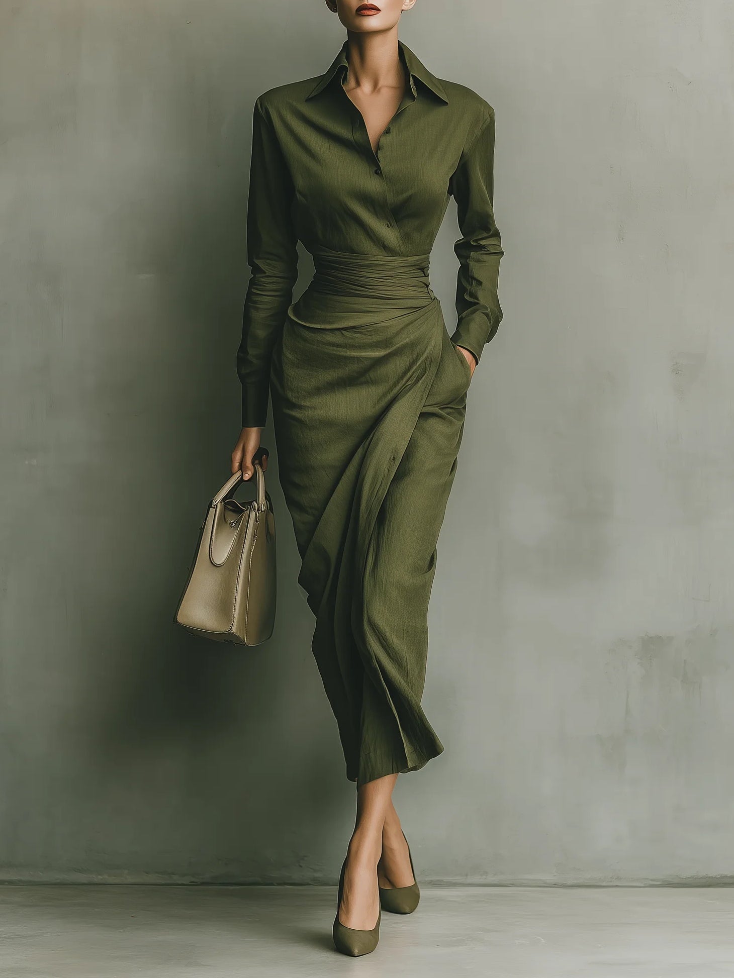 Green Collared Long Sleeve Button Front Ruched Waist Bodycon Maxi Dress