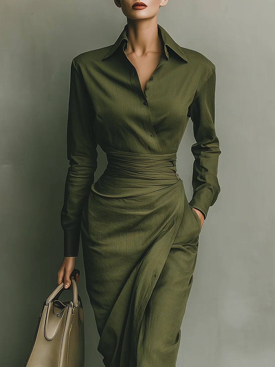 Green Collared Long Sleeve Button Front Ruched Waist Bodycon Maxi Dress 2